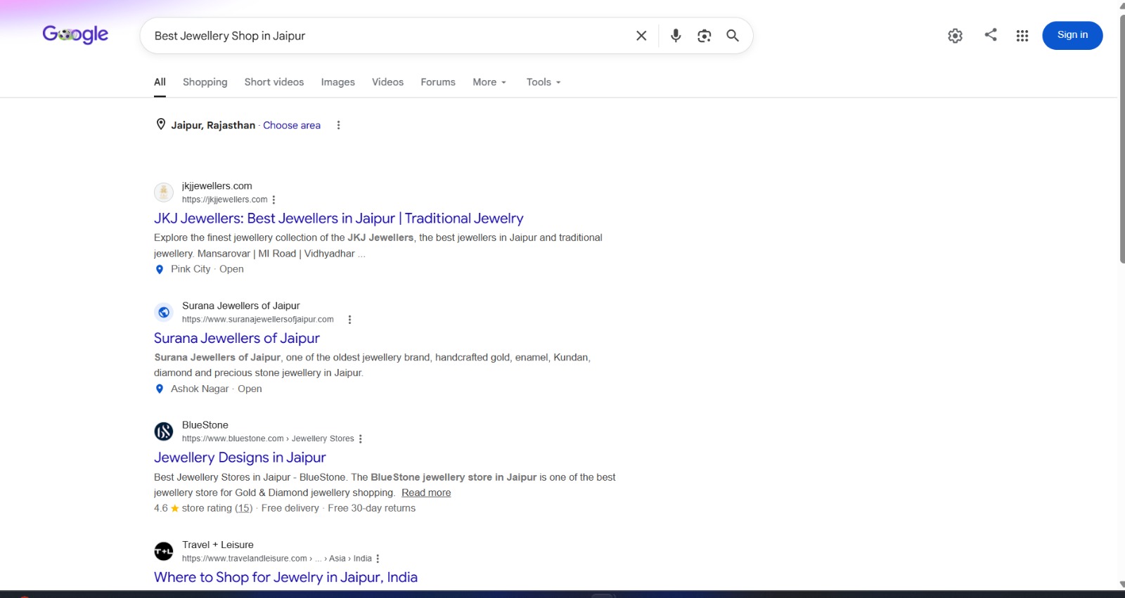 Google search results for 'Best Jewellery Shop in Jaipur' showing JKJ Jewellers ranking first