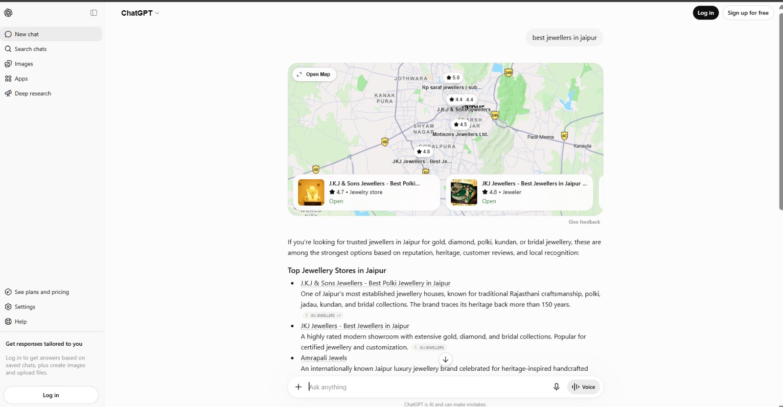AI-powered search results highlighting multiple JKJ Jewellers locations in Jaipur.