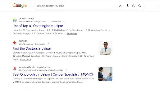 Google search results for 'Best Oncologist in Jaipur' showing d nikhil mehta ranking on the first page
