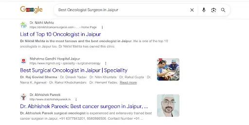 Google search results for 'Best Oncologist Surgeon in Jaipur' showing dr nikhil mehta ranking first