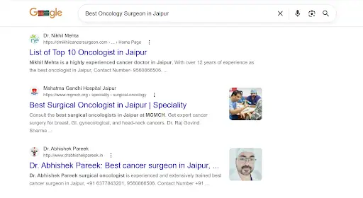 Google search results for 'Best Oncology Surgeon in Jaipur' showing dr nikhil mehta ranking first