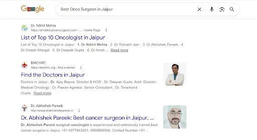 Google search results for 'Best Onco Surgeon in Jaipur' showing dr nikhil mehta ranking first