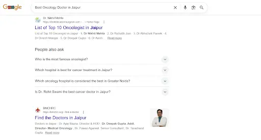 Google search results for 'Best Oncology Doctor in Jaipur' showing dr nikhil mehta ranking first