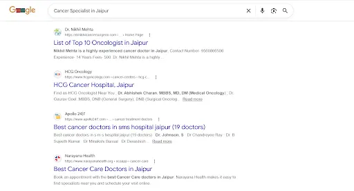 Google search results for 'Cancer Specialist in Jaipur' showing dr nikhil mehta ranking first