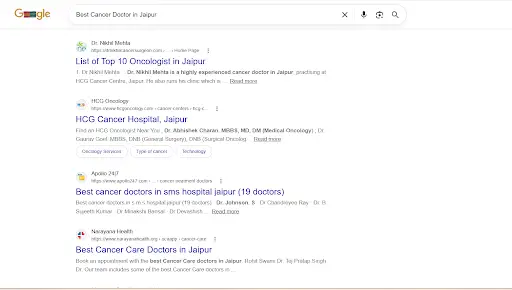 Google search results for 'Best Cancer Doctor in Jaipur' showing dr nikhil mehta ranking first