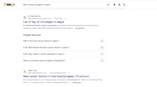 Google search results for 'Best Cancer Surgeon in Jaipur' showing dr nikhil mehta ranking first