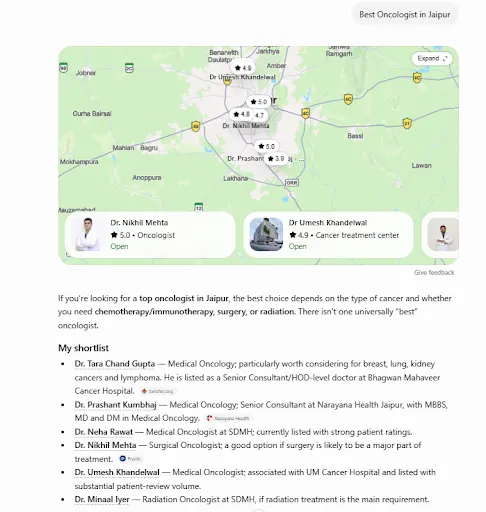 AI-powered search results highlighting multiple Best Oncologist in Jaipur.