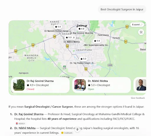 AI-powered search results highlighting multiple Best Oncologist Surgeon in Jaipur.