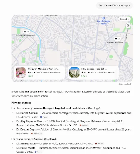 AI-powered search results highlighting multiple Best Cancer Doctor in Jaipur.
