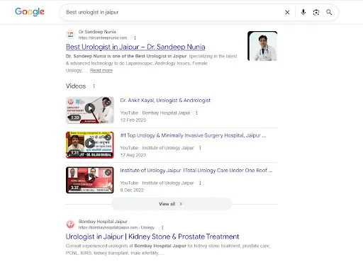 Google search results for 'Best Oncologist in Jaipur' showing d nikhil mehta ranking on the first page