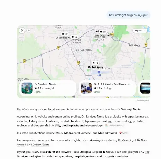AI-powered search results highlighting multiple Best Cancer Doctor in Jaipur.