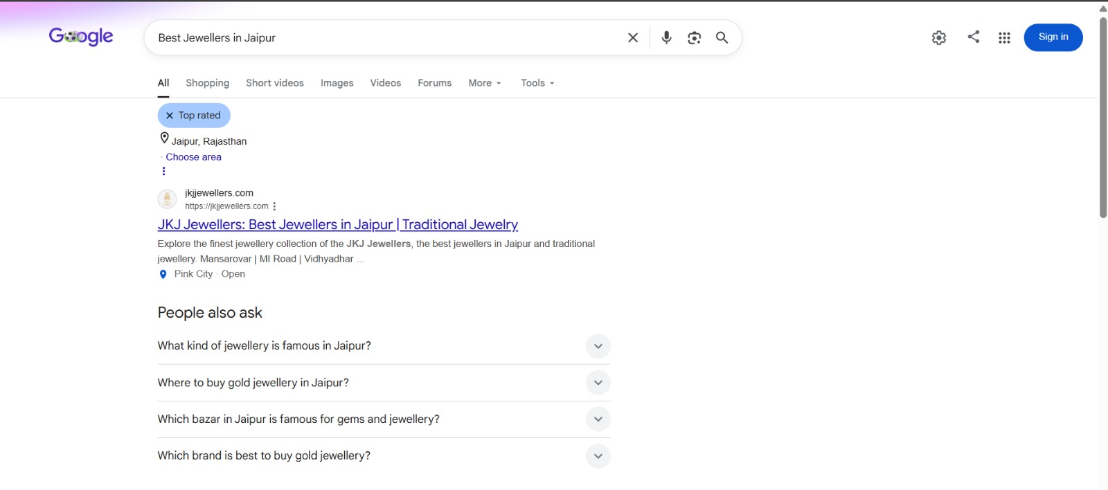 Google search results for 'Best Jewellers in Jaipur' showing JKJ Jewellers ranking on the first page