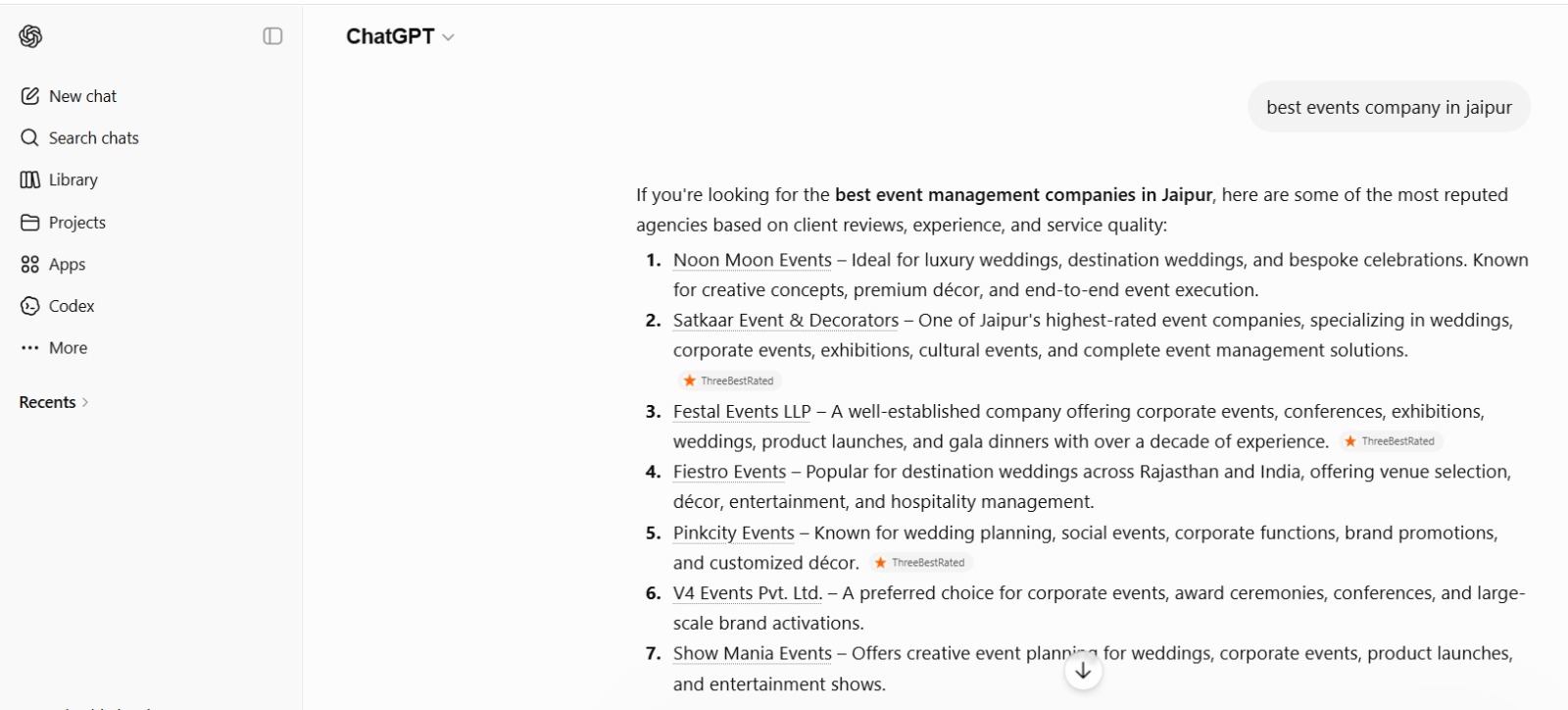 ChatGPT listing Noon Moon Events as the top recommendation for event planning in Jaipur