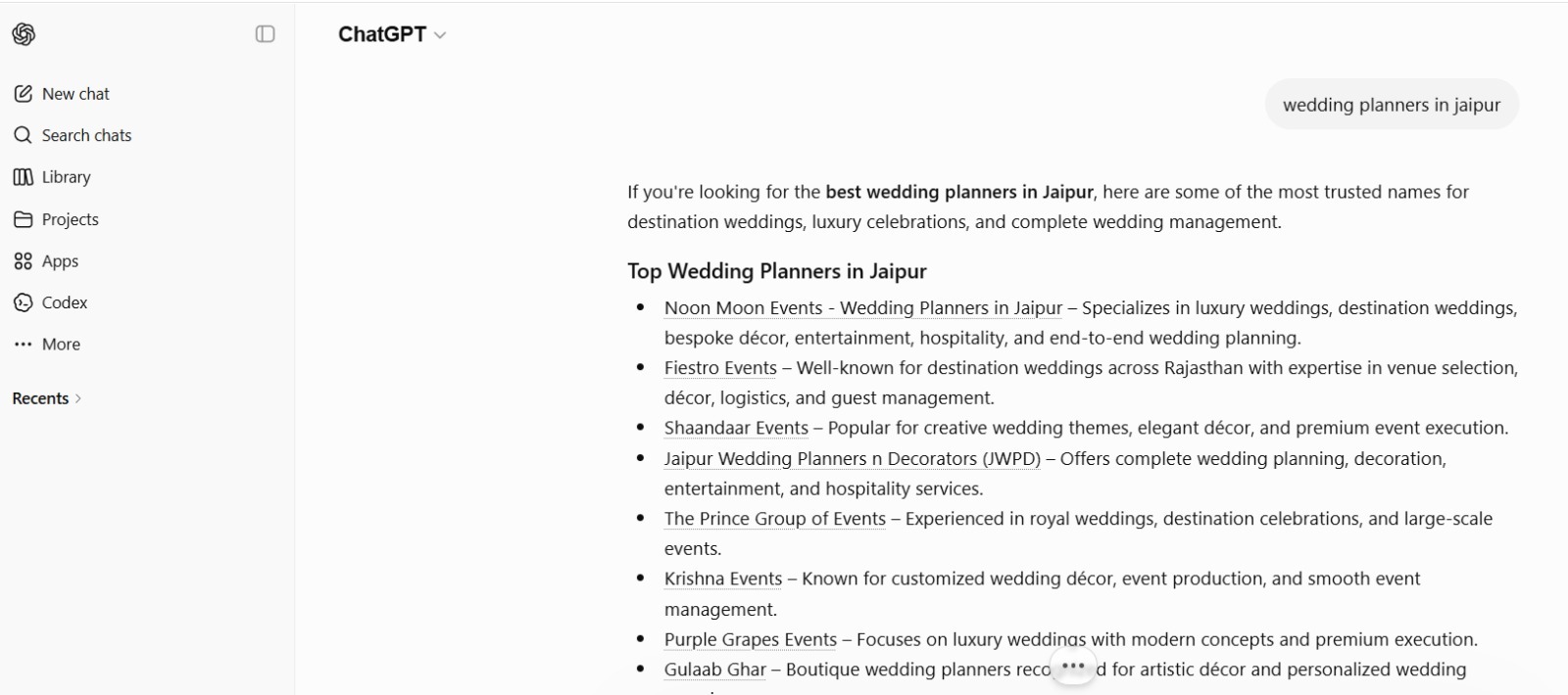 ChatGPT ranking Noon Moon Events first among trusted wedding planners in Jaipur