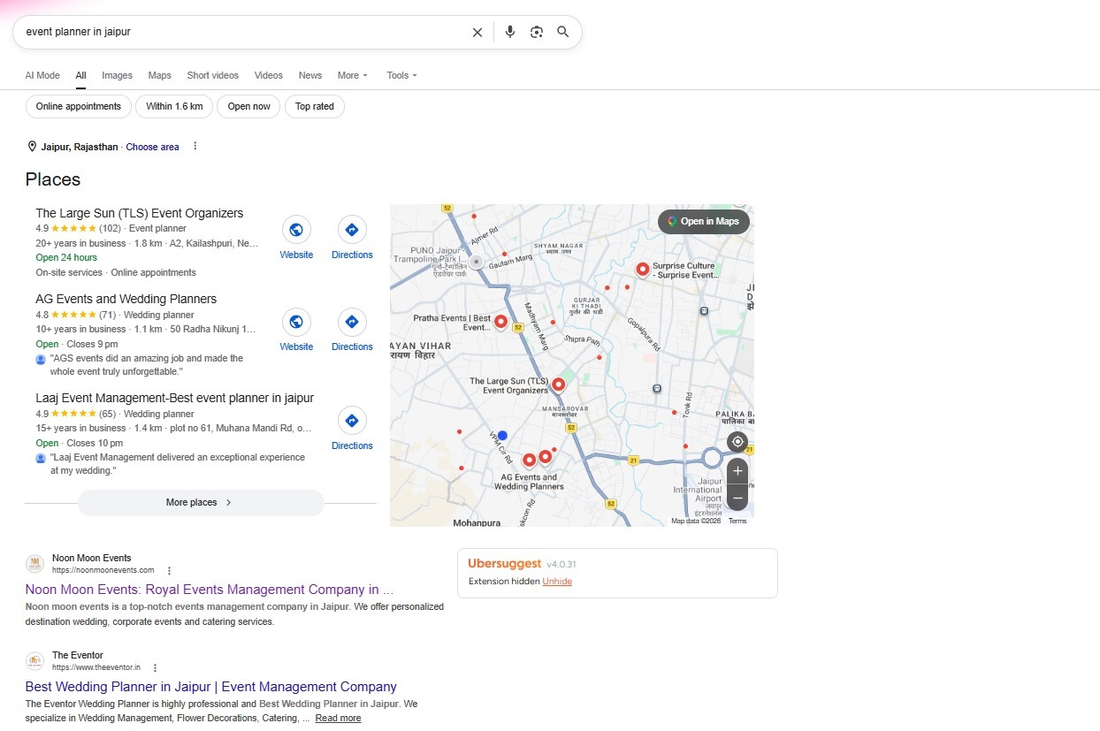Google search results for 'Event Planner in Jaipur' showing Noon Moon Events alongside the local Places pack