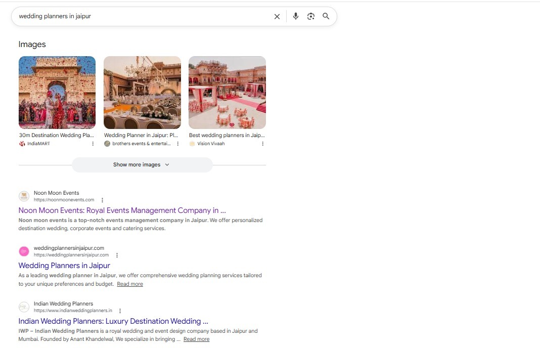 Google search results for 'Wedding Planners in Jaipur' showing Noon Moon Events ranking on the first page