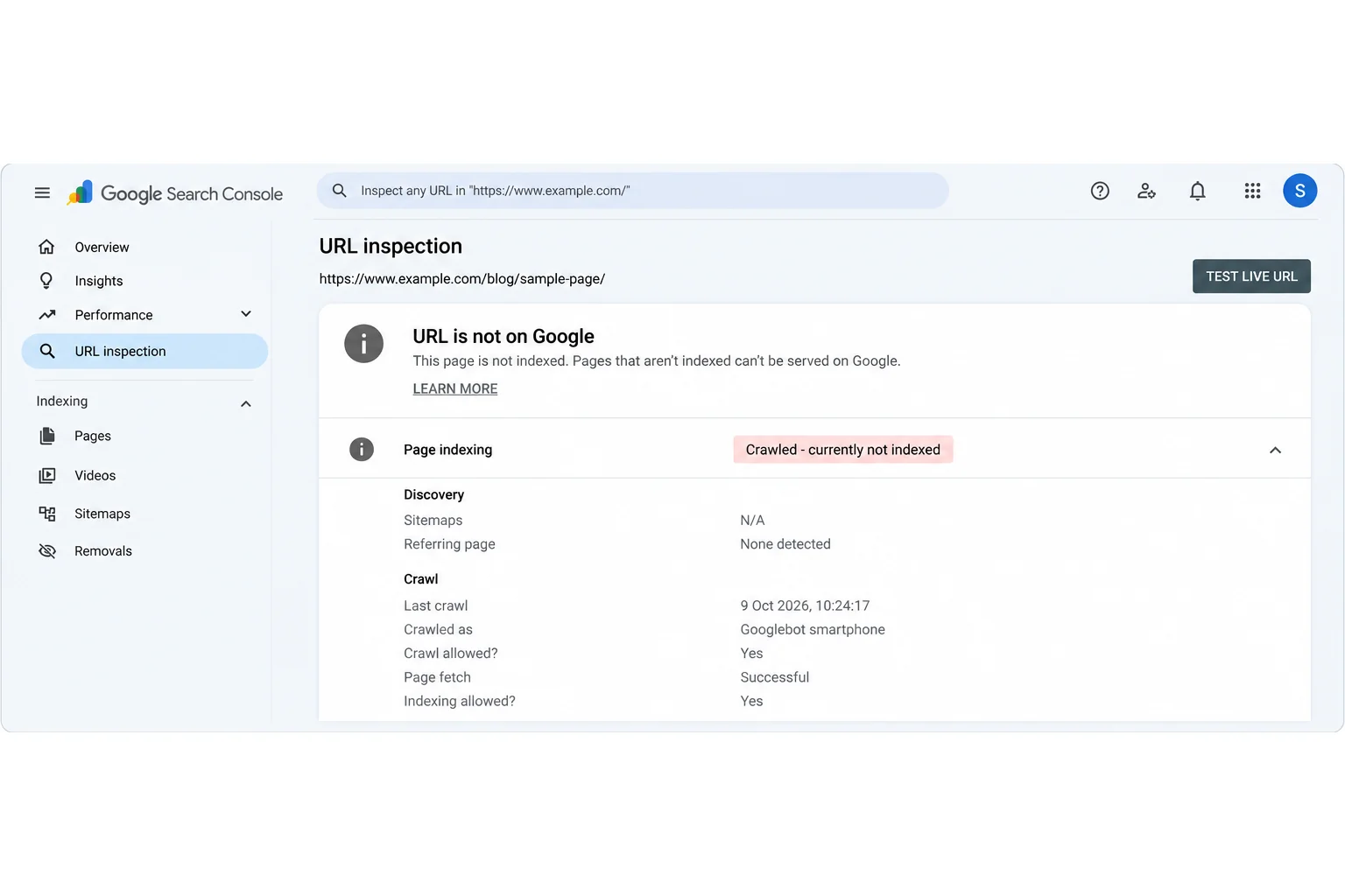 URL Inspection report showing Crawled – currently not indexed status.