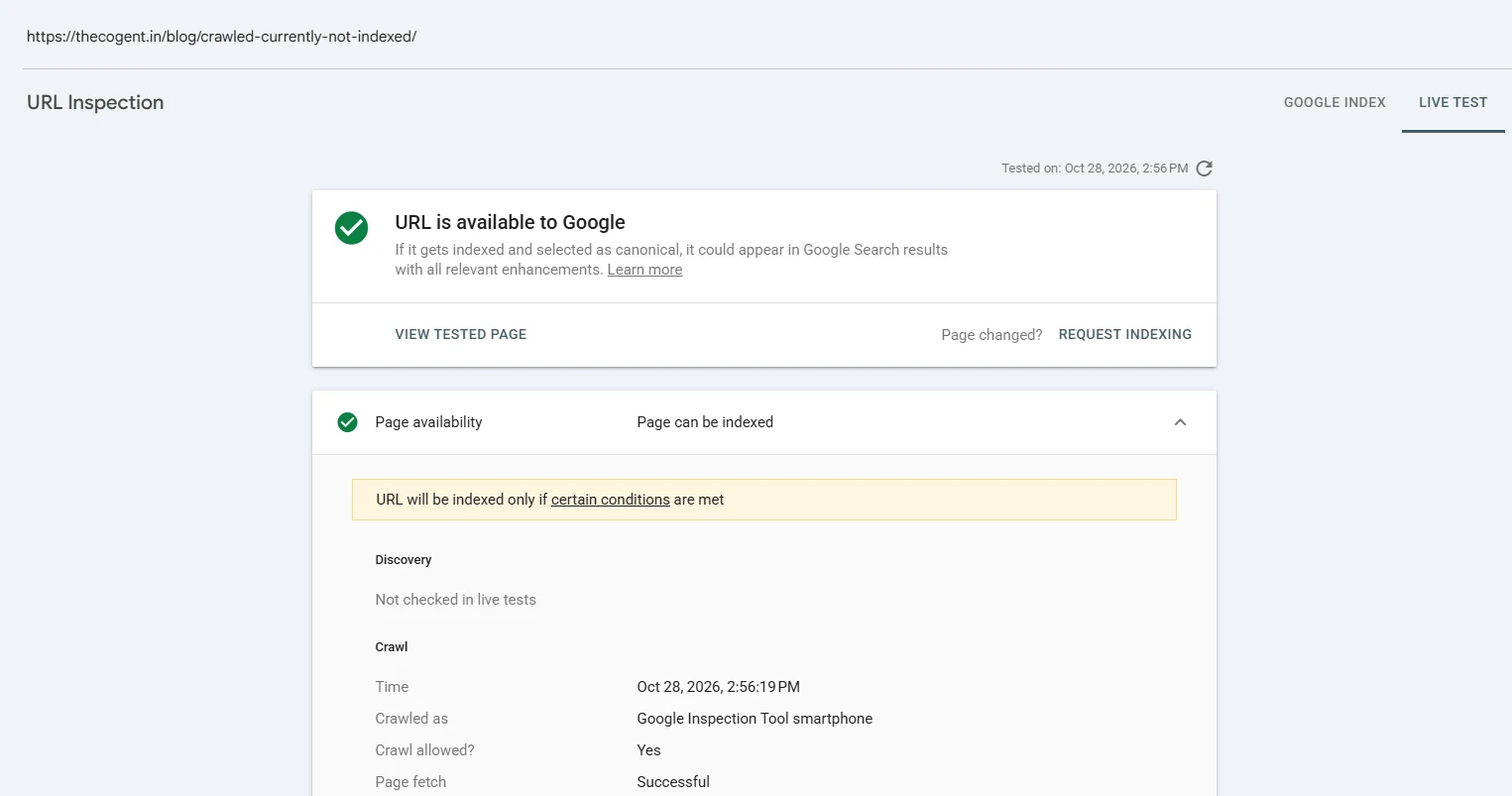 URL Inspection live test in Google Search Console showing Crawl allowed: Yes and a successful page fetch for a thecogent.in blog post