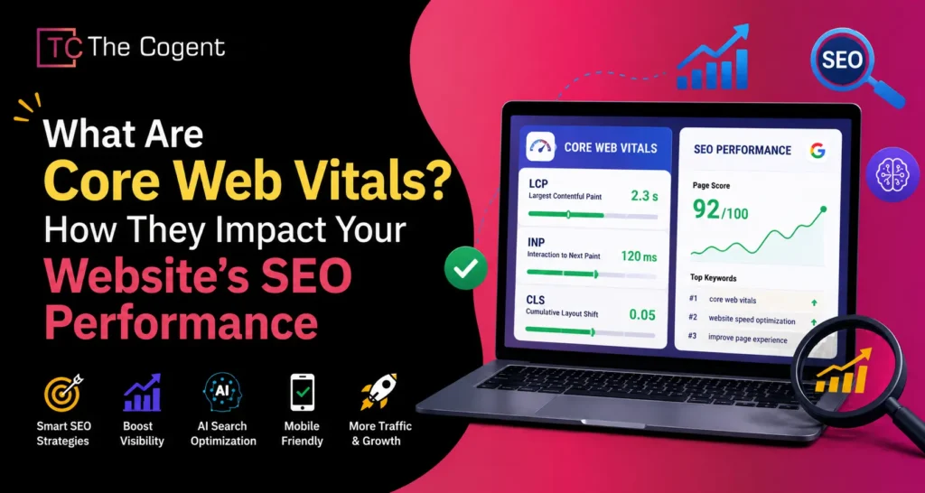 What Are Core Web Vitals and How They Impact Your Website SEO Performance feature banner with Core Web Vitals dashboard and SEO growth visuals