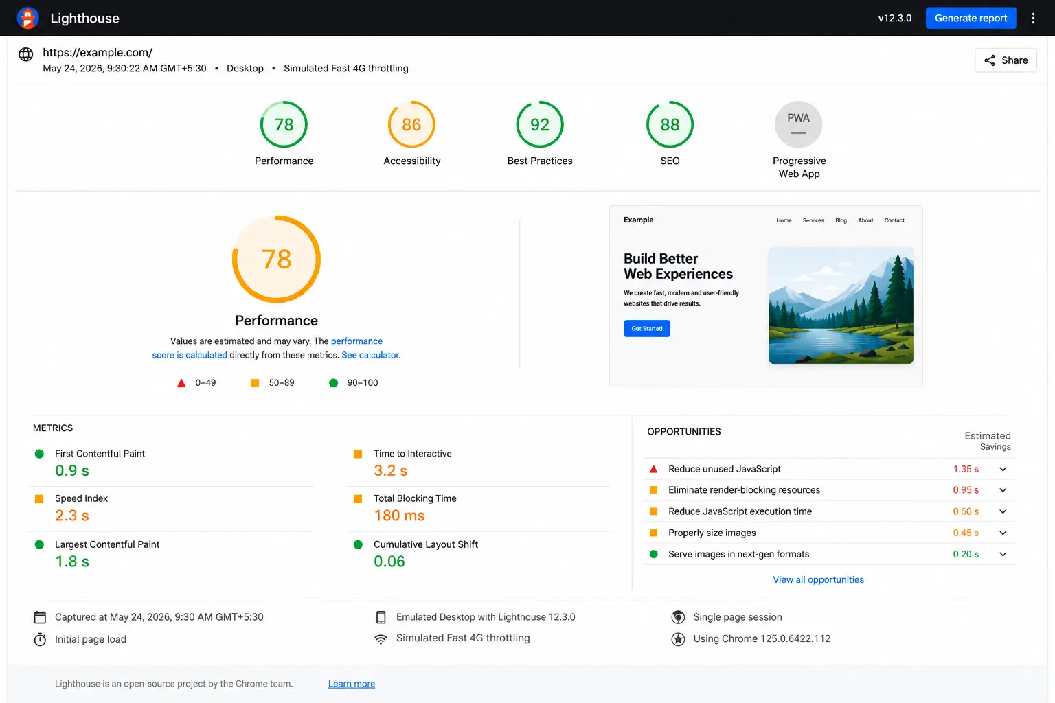Chrome Lighthouse audit report showing performance, accessibility, SEO, best practices scores, Core Web Vitals metrics, and optimization opportunities