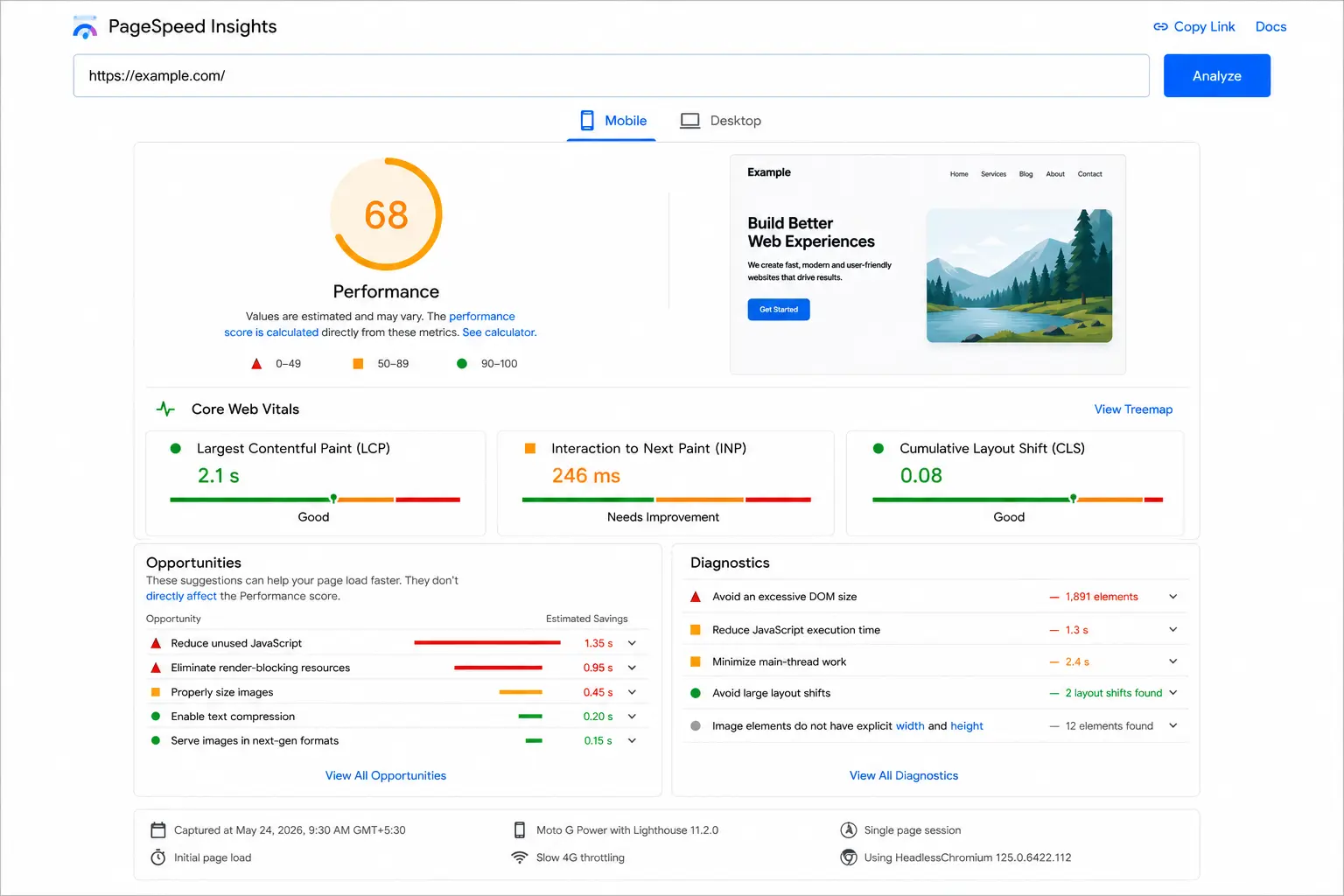 Google PageSpeed Insights report showing Core Web Vitals metrics including LCP, INP, CLS, performance score, and optimization suggestions
