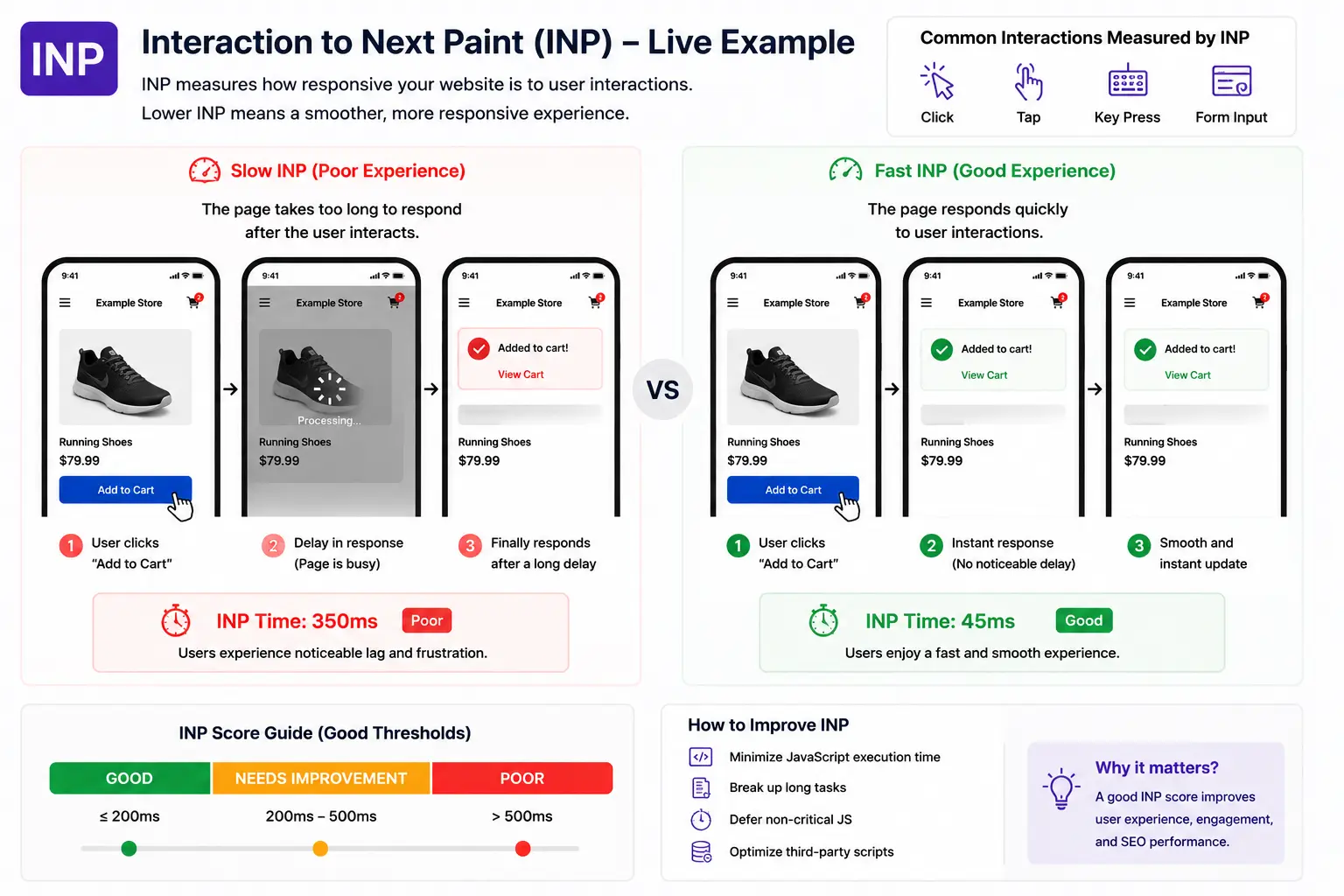 Interaction to Next Paint live example showing delayed versus fast user interaction response on a mobile ecommerce website