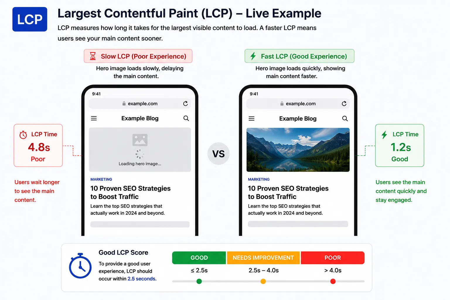 Largest Contentful Paint live example showing slow loading hero content and delayed page visibility affecting user experience