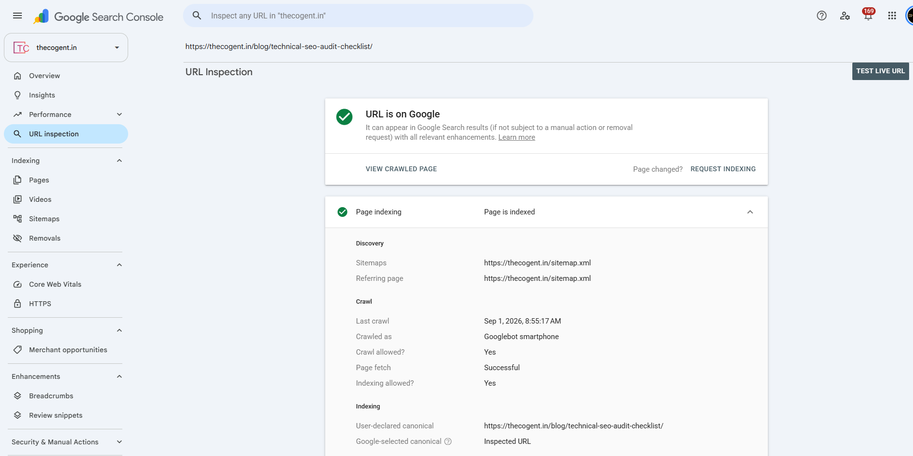 Google Search Console URL Inspection showing crawl allowed and indexing allowed status.
