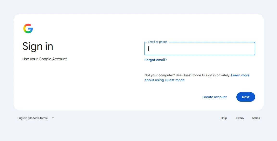 Google Account sign-in screen for Google Business Profile setup