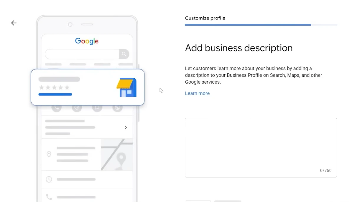 Google Business Profile screen for adding a business description