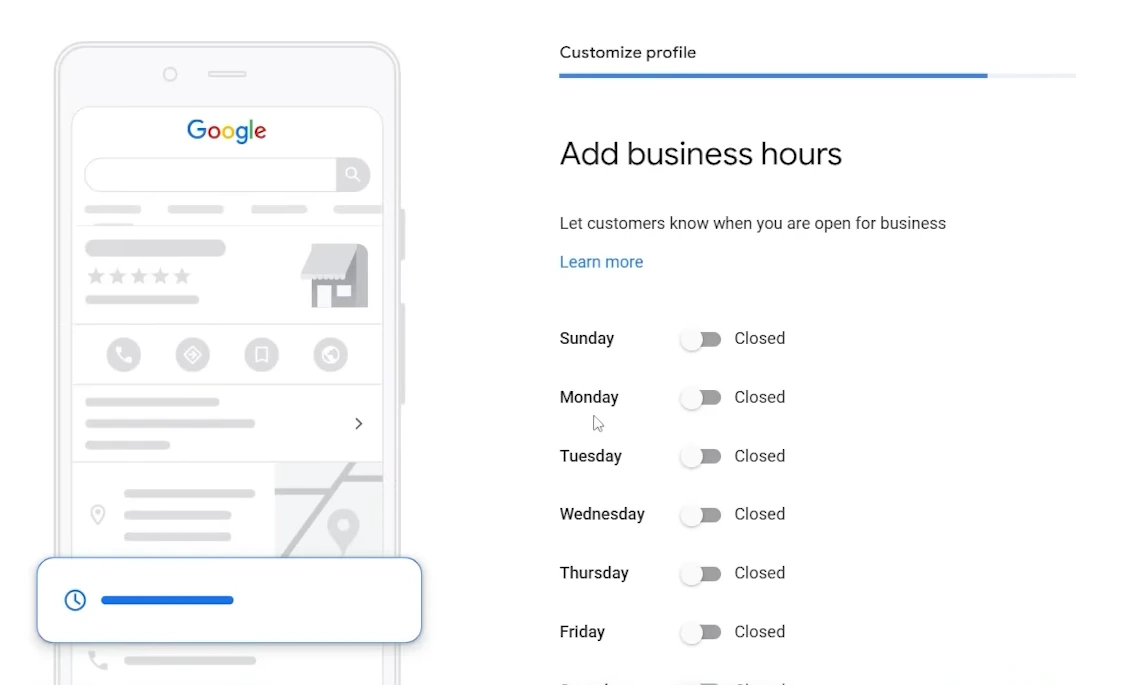 Google Business Profile screen for adding business hours