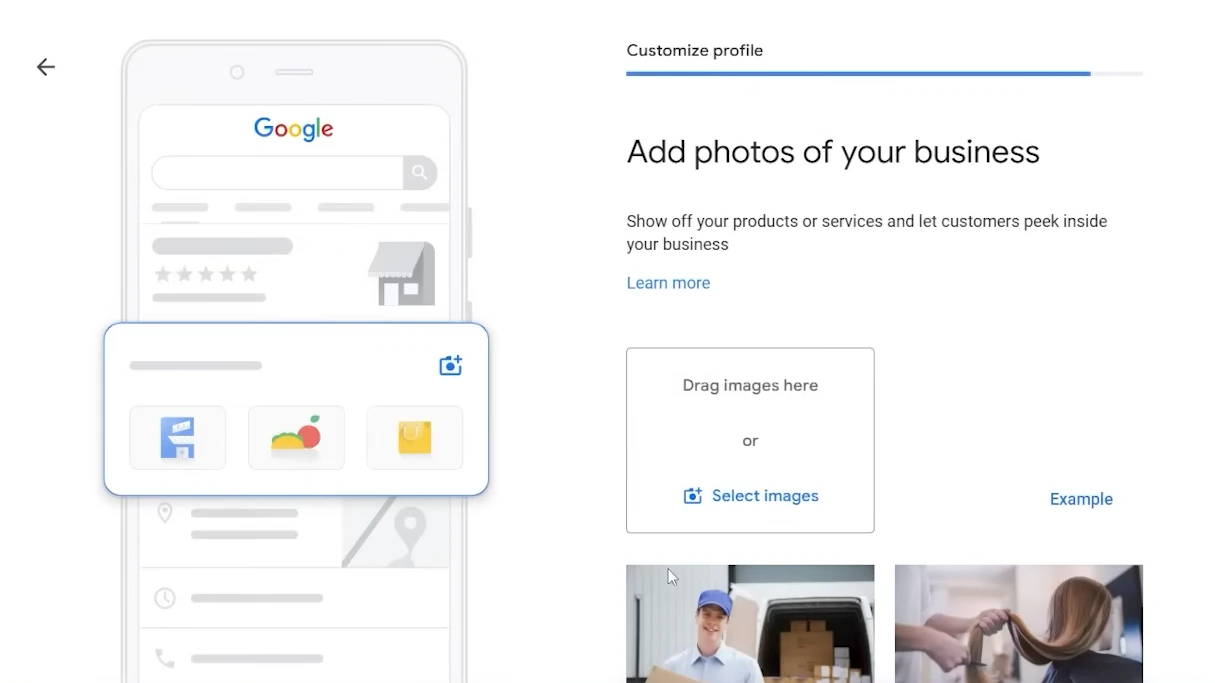 Google Business Profile screen for adding photos of a business