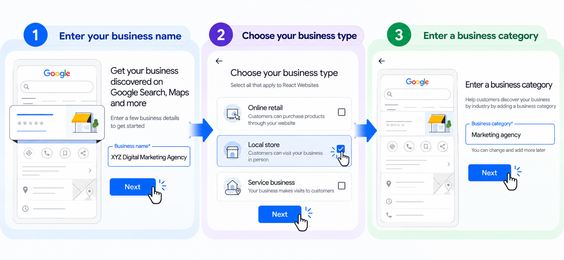 Google Business Profile setup process showing business name, business type and business category selection