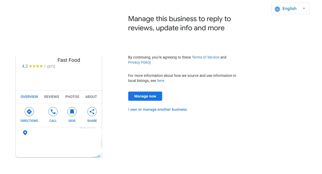 Google Business Profile screen to manage an existing business listing