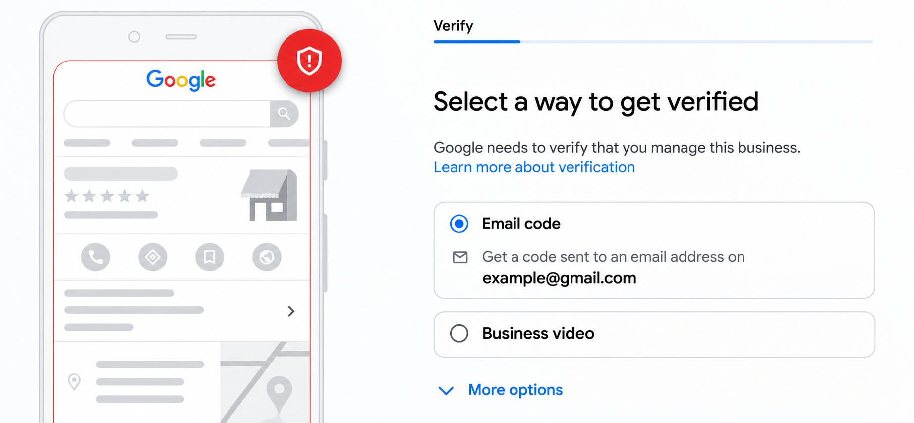 Google Business Profile verification options showing email code and business video verification