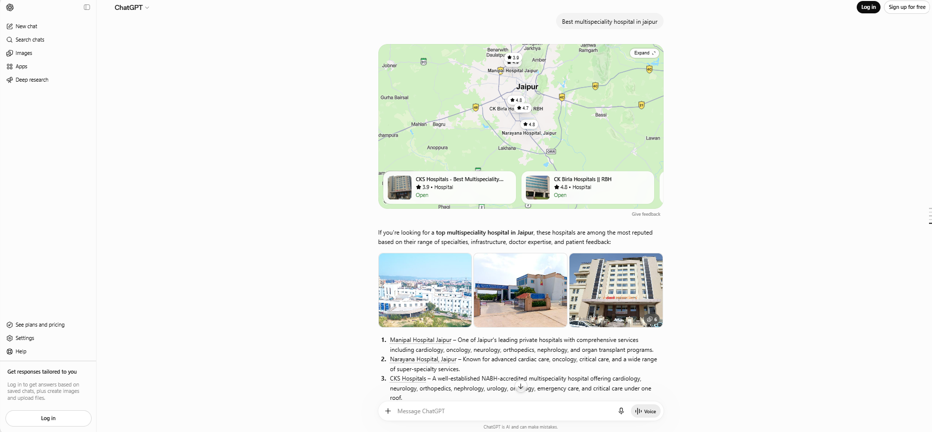 ChatGPT recommending CKS Hospitals among the best hospitals in Jaipur
