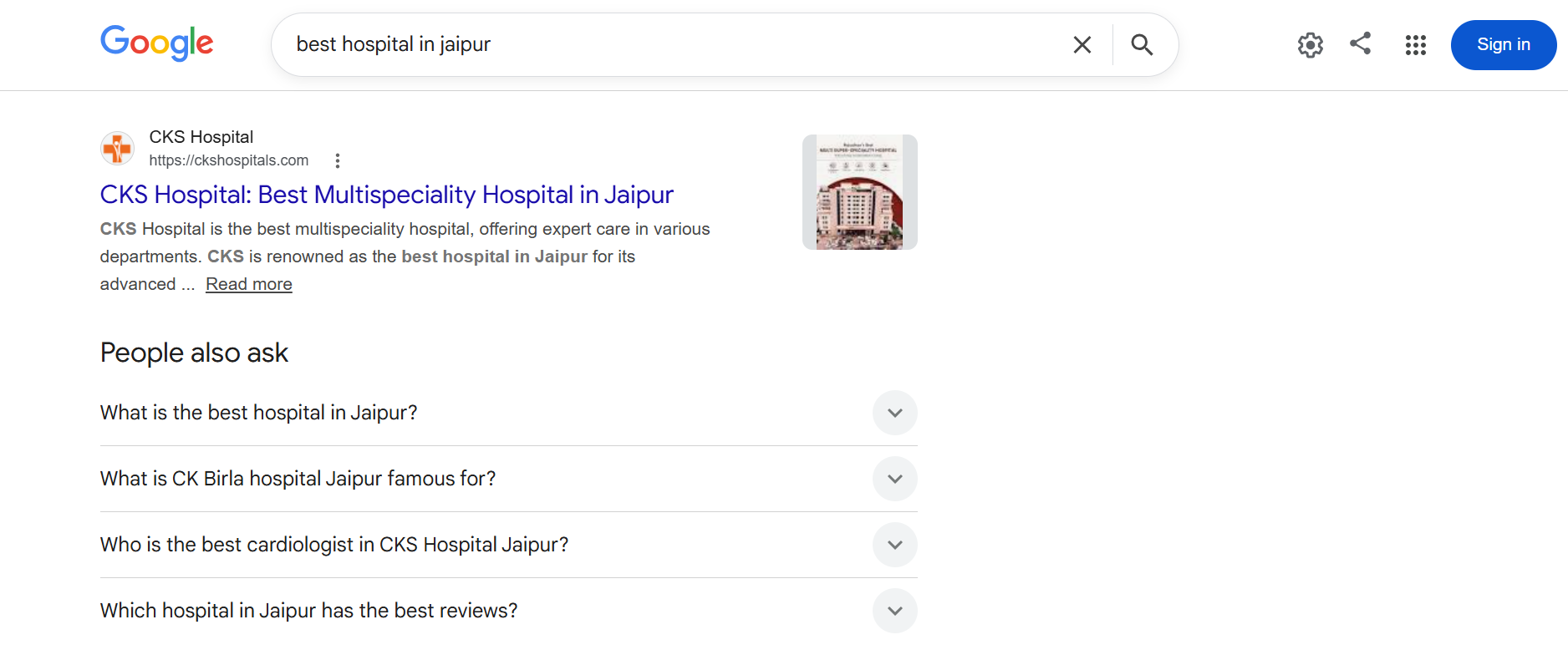 Google search results showing CKS Hospitals ranking on the first page for 'best hospital in jaipur'