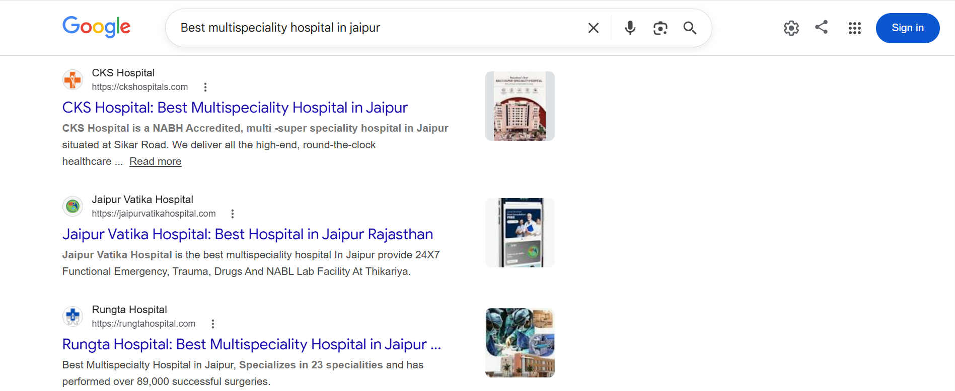 Google search results showing CKS Hospitals for 'best multispeciality hospital in jaipur'