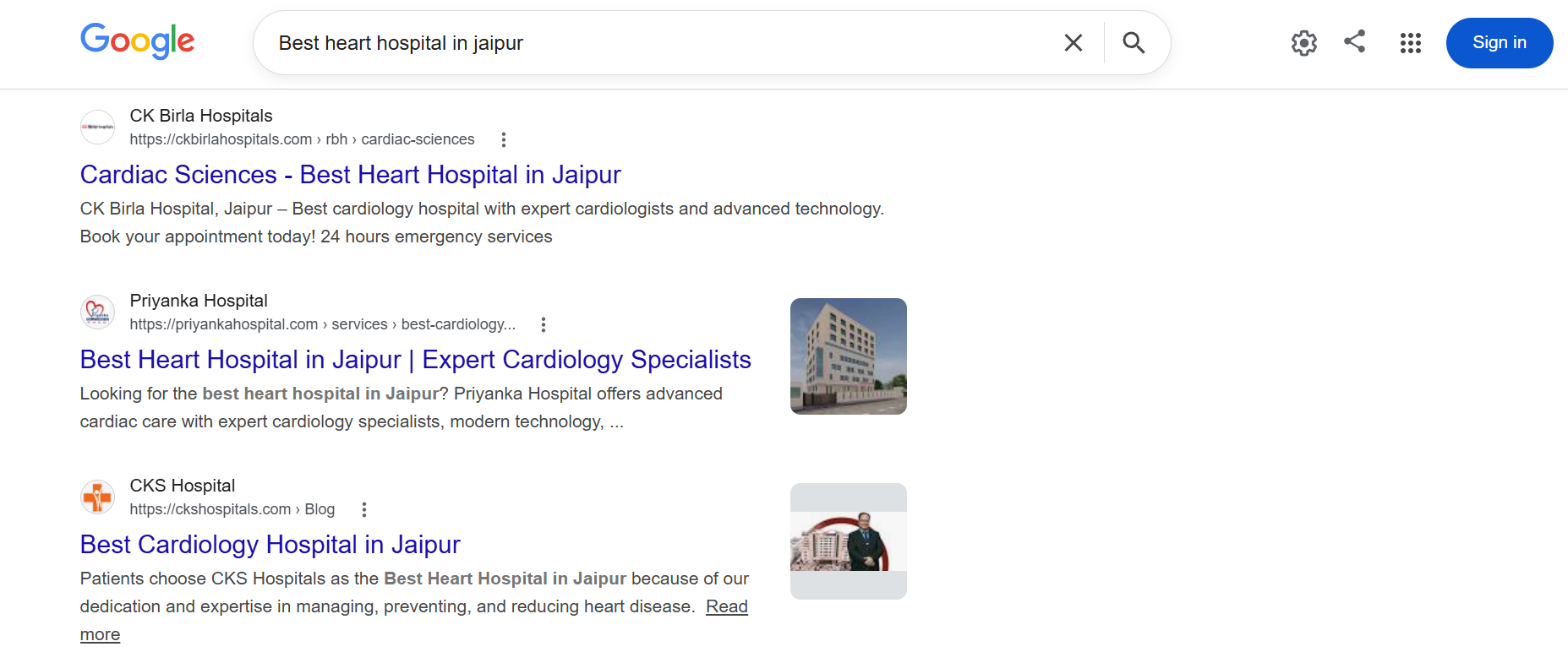 Google search results showing CKS Hospitals for 'best cardiology hospital in jaipur'