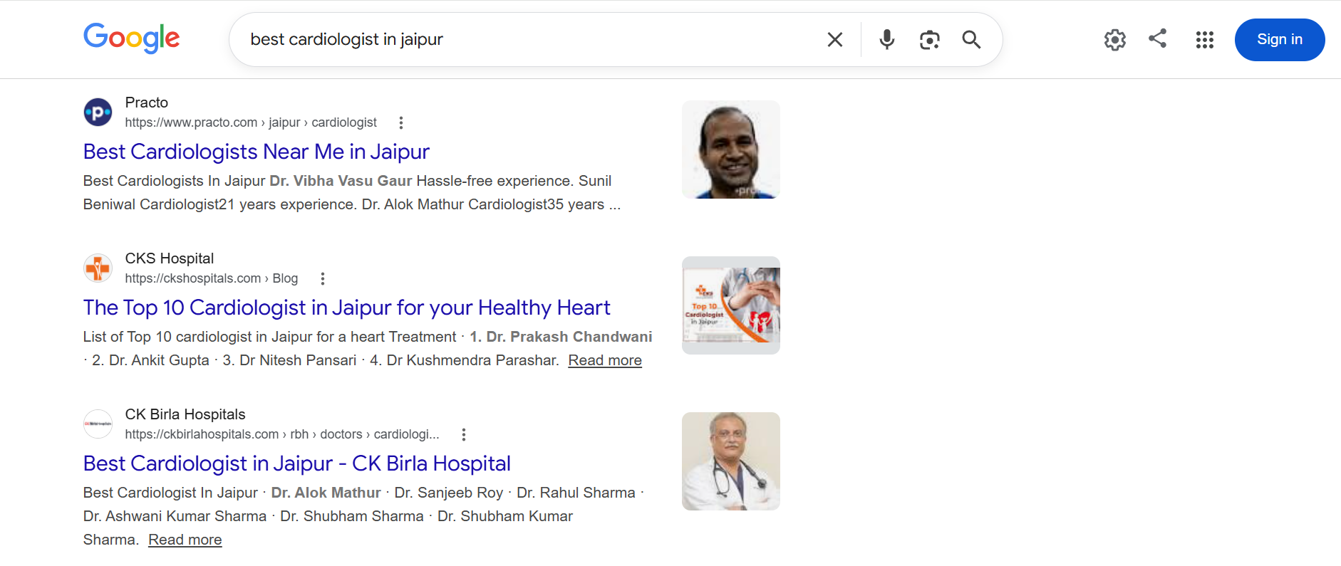Google search results showing CKS Hospitals for 'best heart hospital in jaipur'